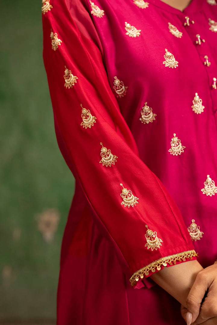 Guldaasta Silk Chanderi Aline Kurta Set in Rani