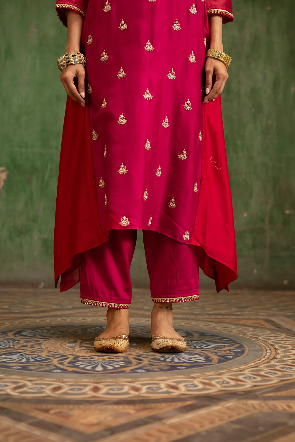 Guldaasta Silk Chanderi Aline Kurta Set in Rani