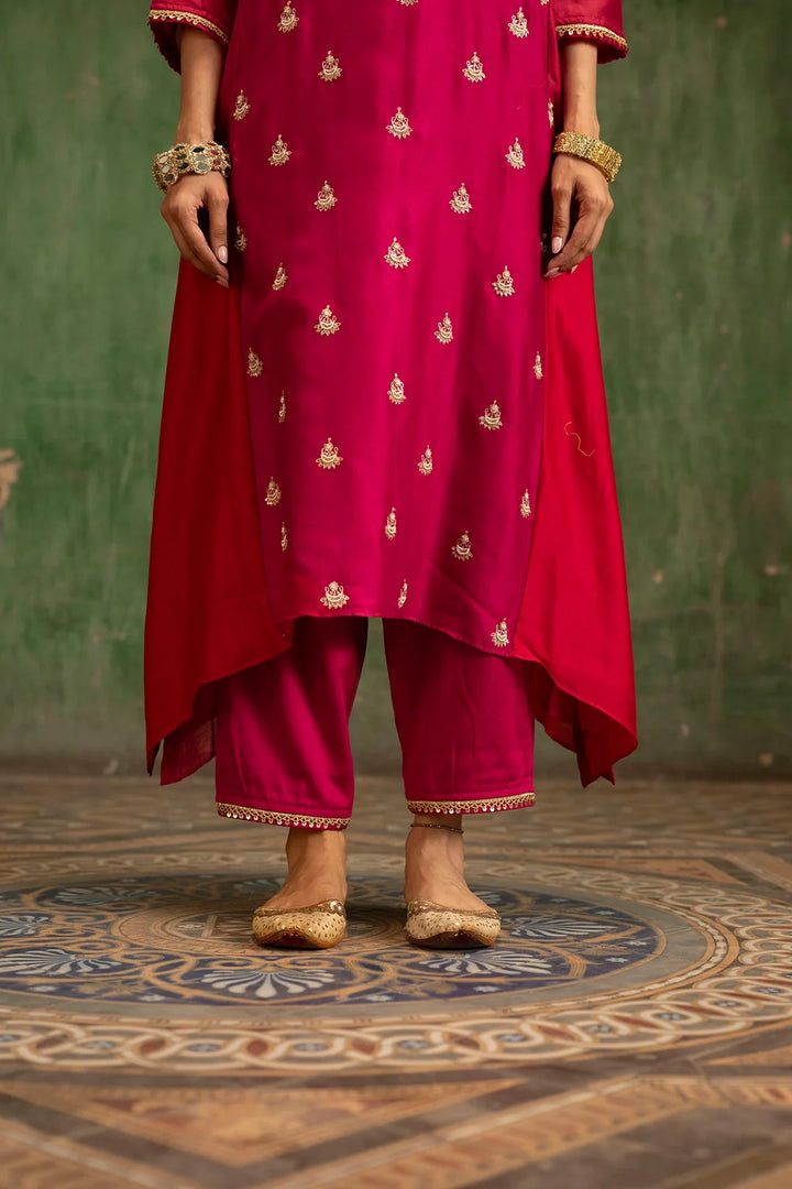 Guldaasta Silk Chanderi Aline Kurta Set in Rani