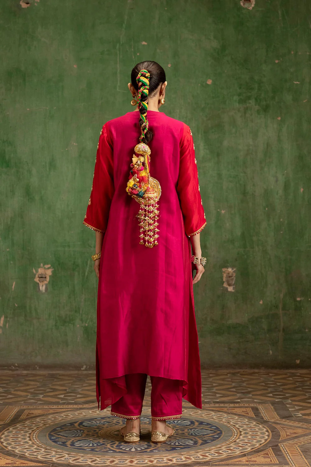 Guldaasta Silk Chanderi Aline Kurta Set in Rani