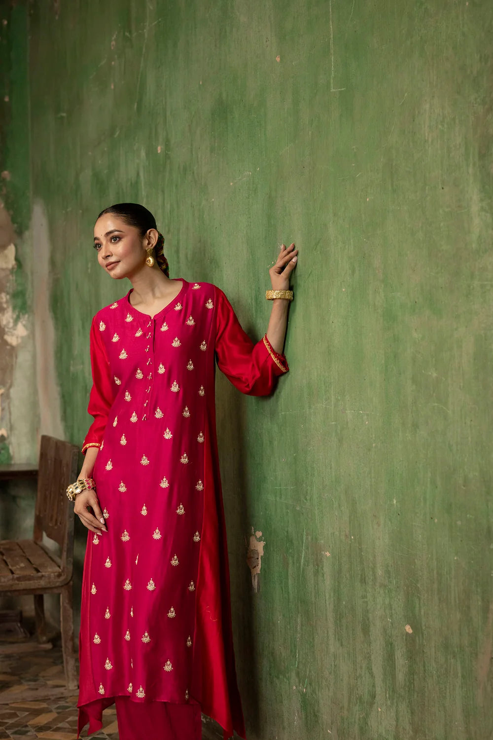 Guldaasta Silk Chanderi Aline Kurta Set in Rani