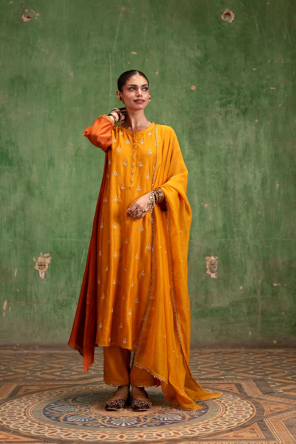 Guldaasta Silk Chanderi Aline Kurta Set in Sarson
