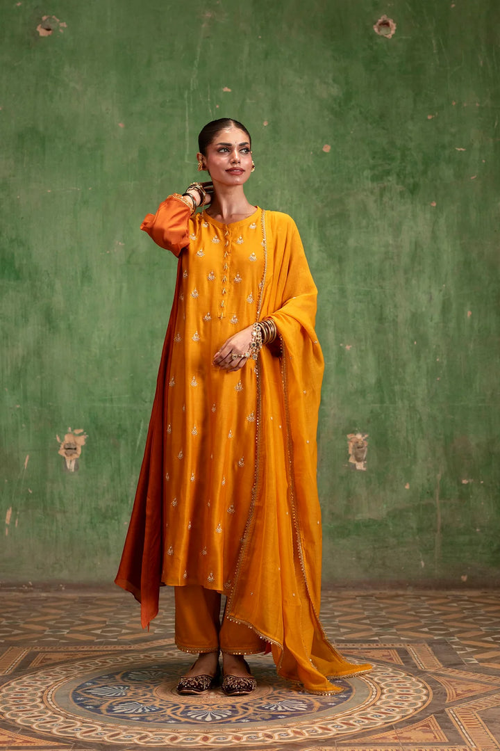 Guldaasta Silk Chanderi Aline Kurta Set in Sarson