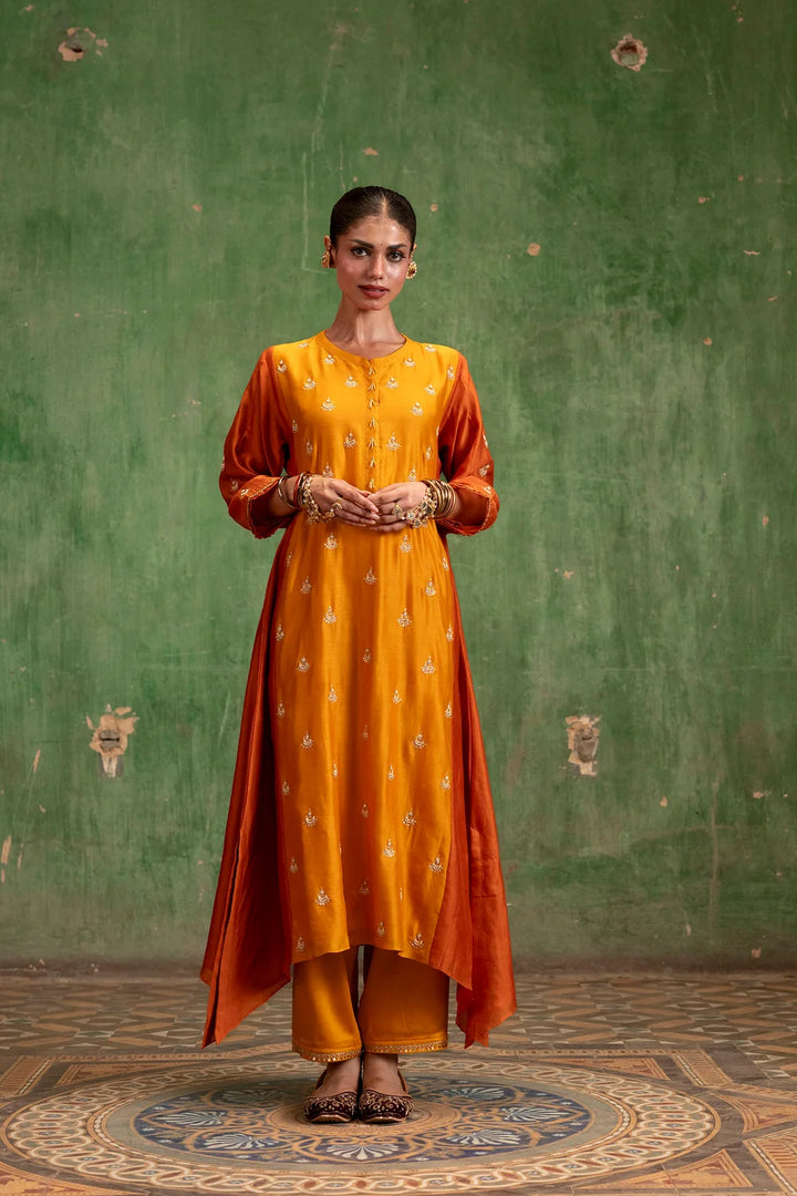 Guldaasta Silk Chanderi Aline Kurta Set in Sarson