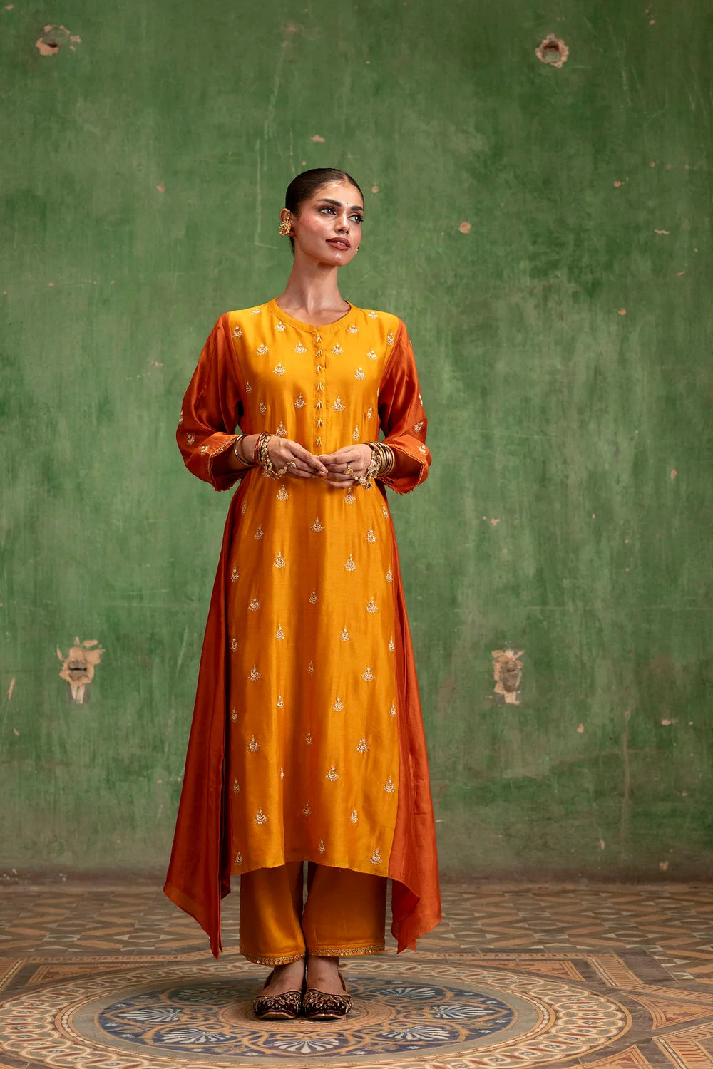 Guldaasta Silk Chanderi Aline Kurta Set in Sarson
