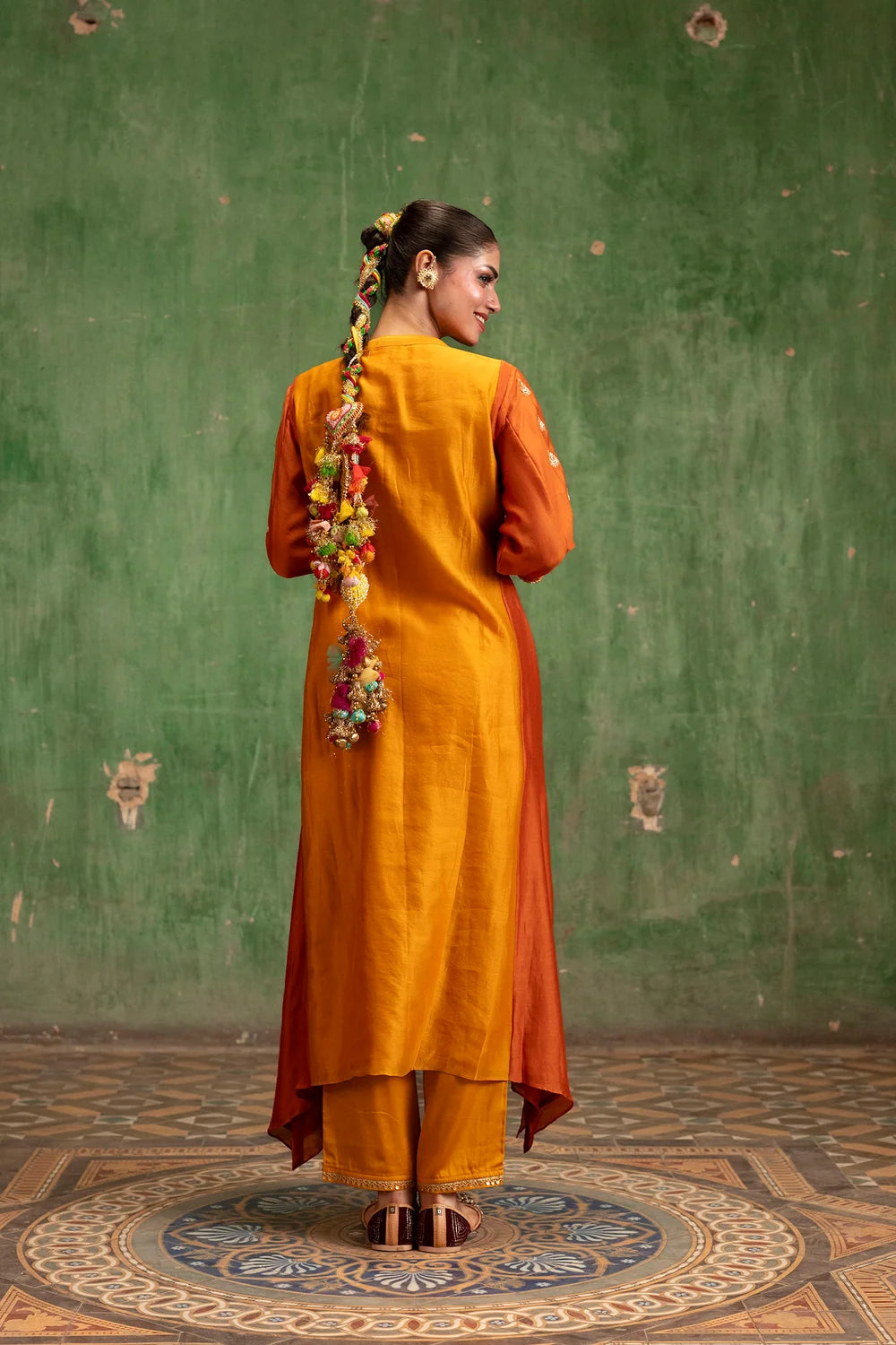 Guldaasta Silk Chanderi Aline Kurta Set in Sarson