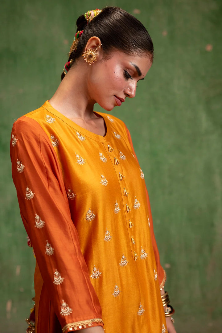 Guldaasta Silk Chanderi Aline Kurta Set in Sarson