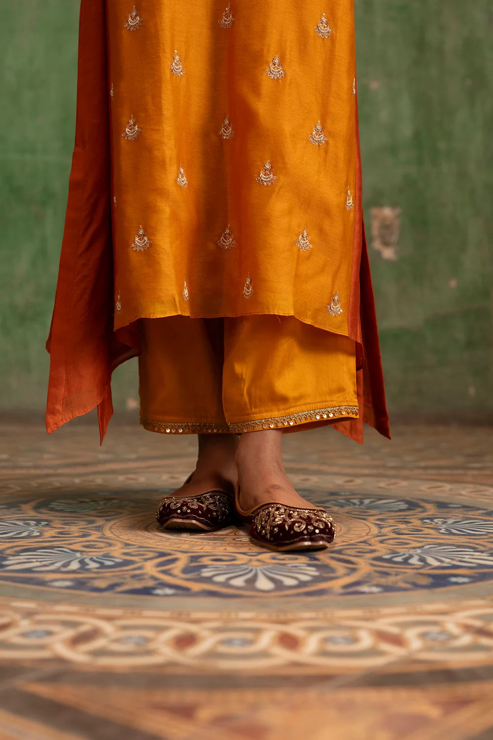 Guldaasta Silk Chanderi Aline Kurta Set in Sarson