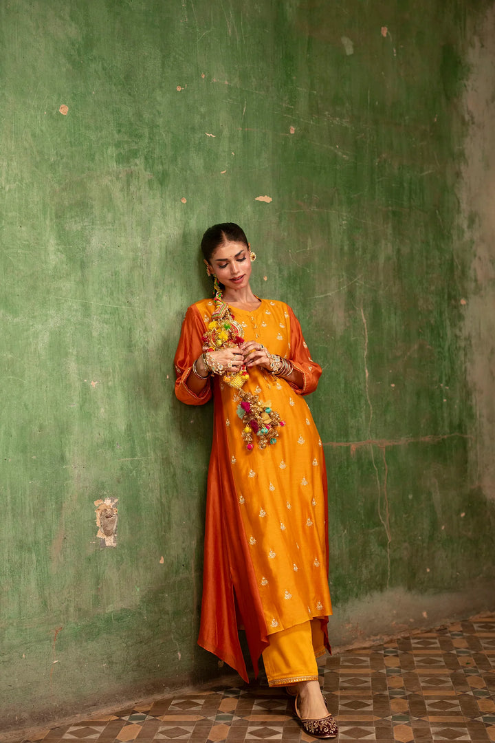 Guldaasta Silk Chanderi Aline Kurta Set in Sarson