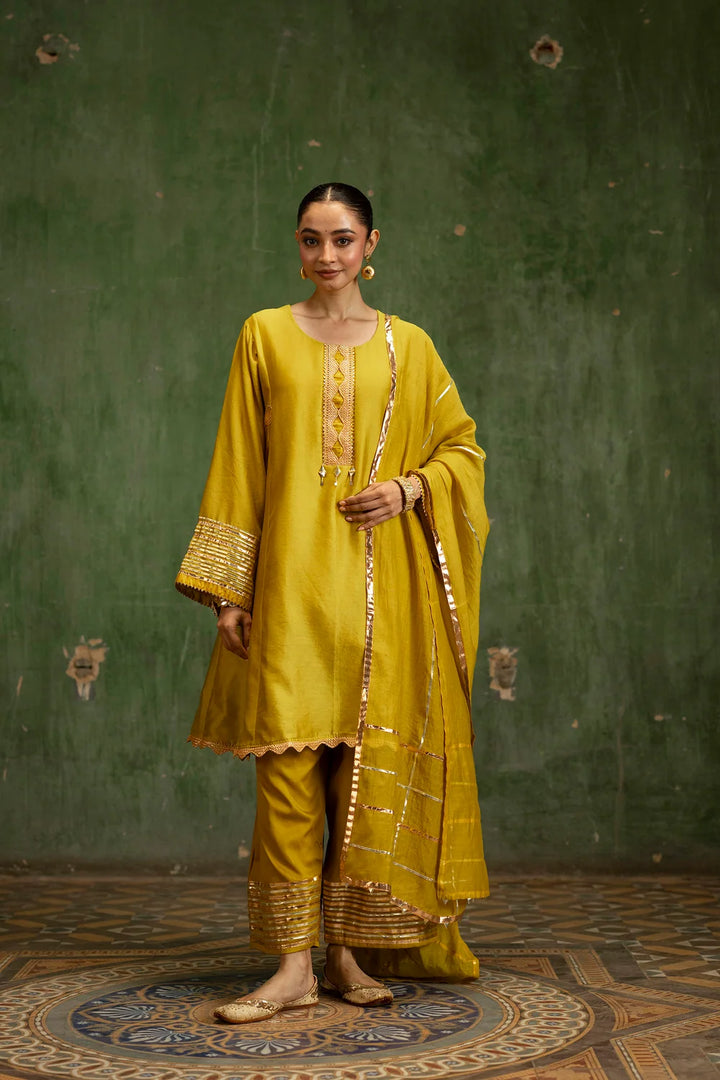 Nami Silk Chanderi Anarkali Set with Farsi Pants in Yellow Green