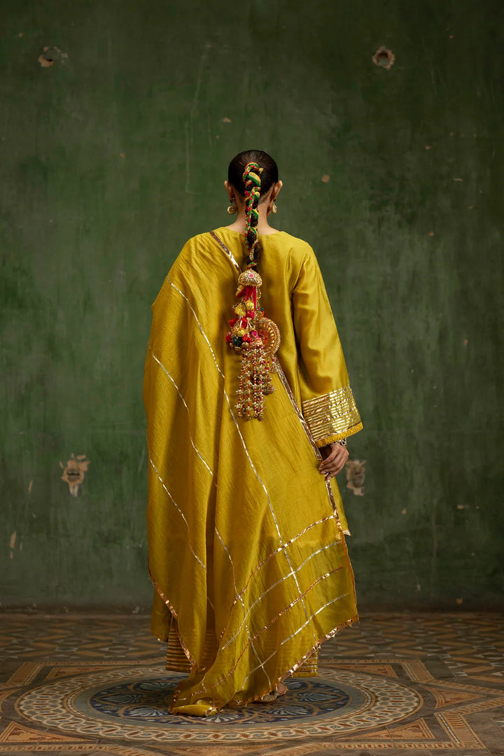 Nami Silk Chanderi Anarkali Set with Farsi Pants in Yellow Green