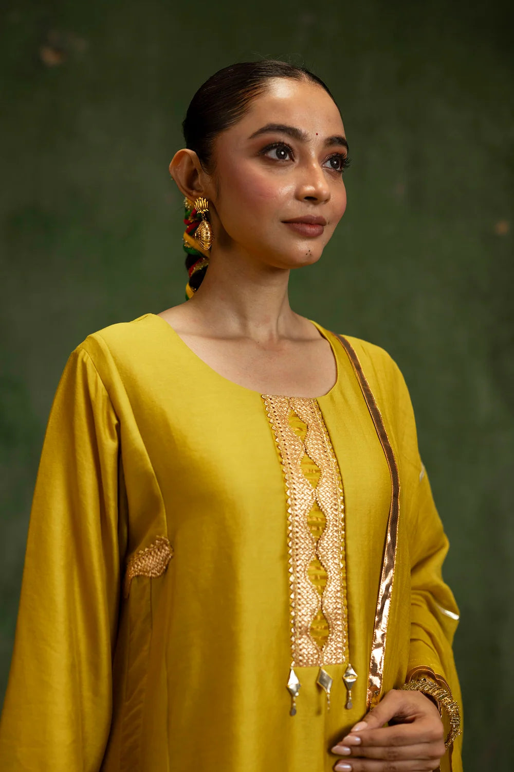 Nami Silk Chanderi Anarkali Set with Farsi Pants in Yellow Green