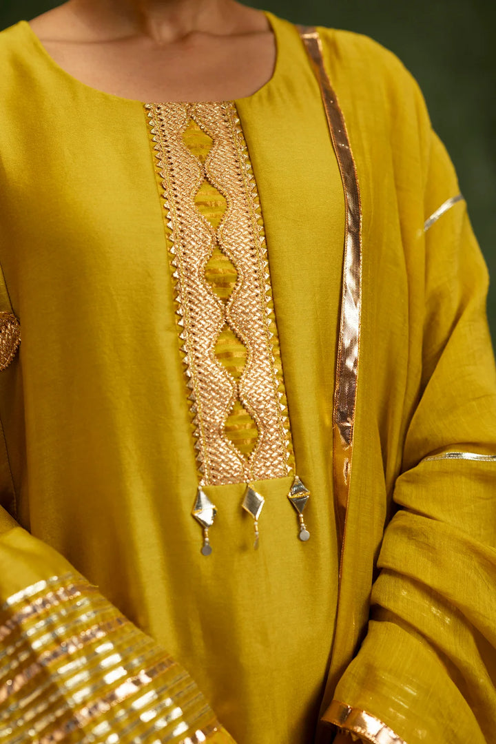 Nami Silk Chanderi Anarkali Set with Farsi Pants in Yellow Green
