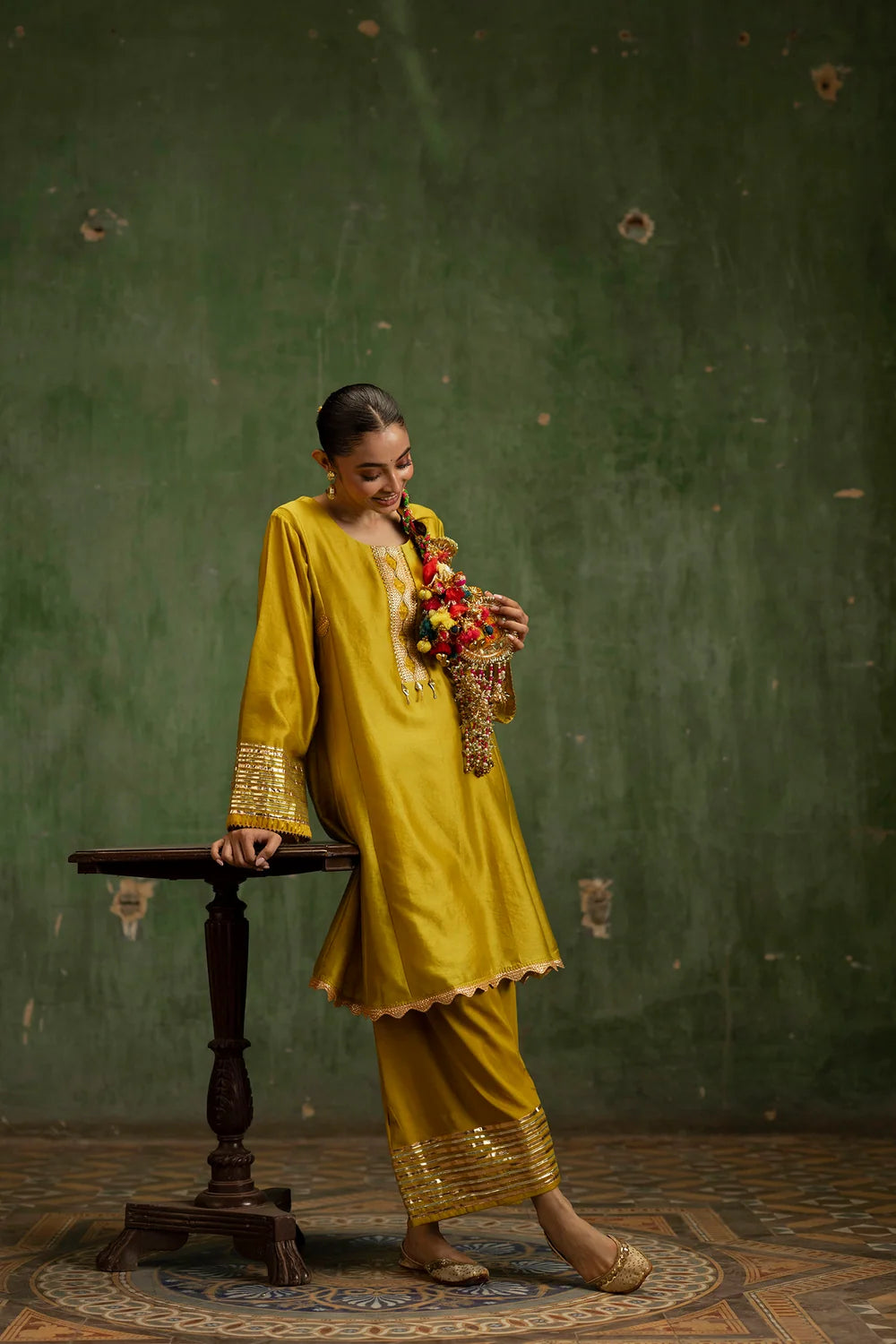 Nami Silk Chanderi Anarkali Set with Farsi Pants in Yellow Green