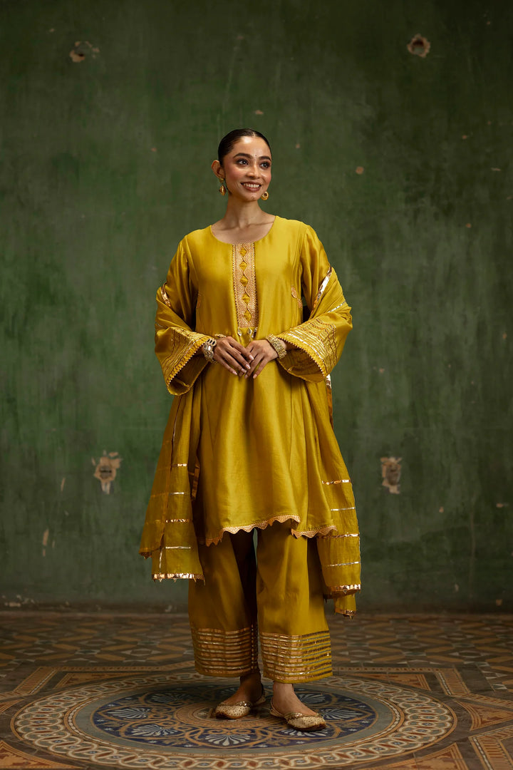 Nami Silk Chanderi Anarkali Set with Farsi Pants in Yellow Green