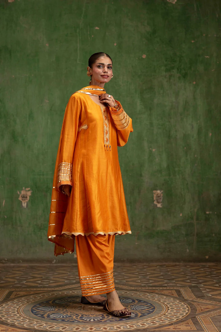 Nami Silk Chanderi Anarkali Set with Farsi Pants in Orange