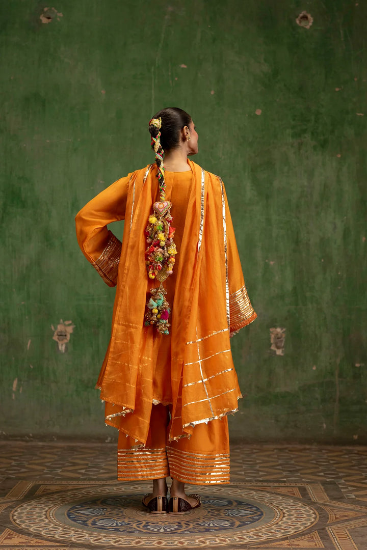 Nami Silk Chanderi Anarkali Set with Farsi Pants in Orange
