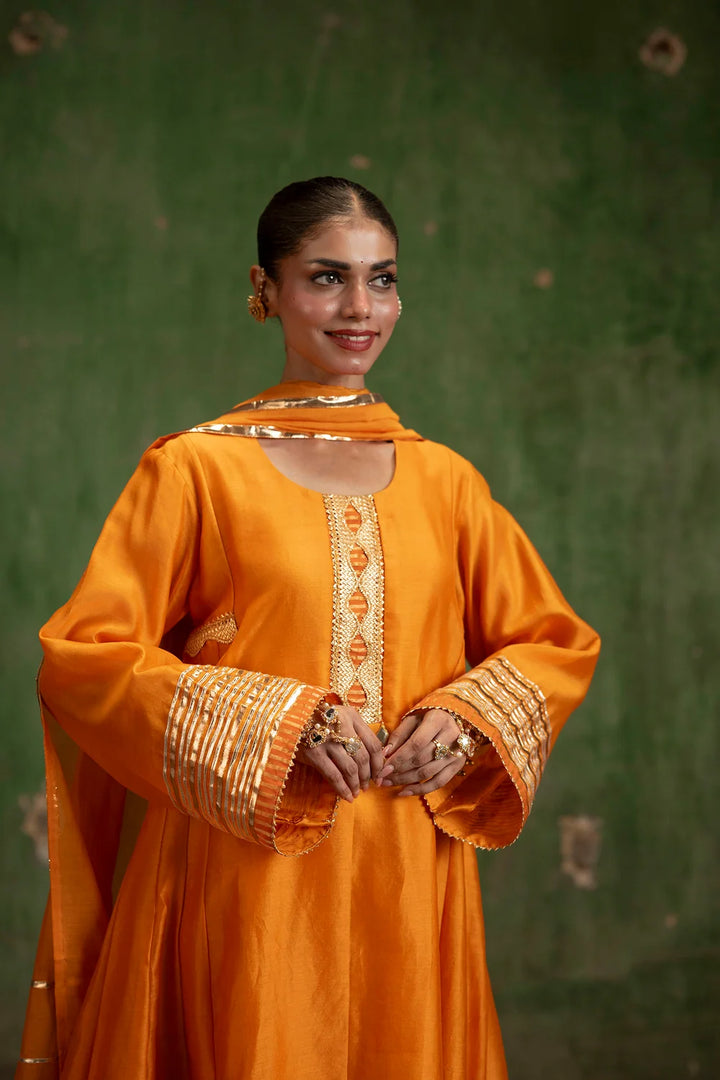 Nami Silk Chanderi Anarkali Set with Farsi Pants in Orange
