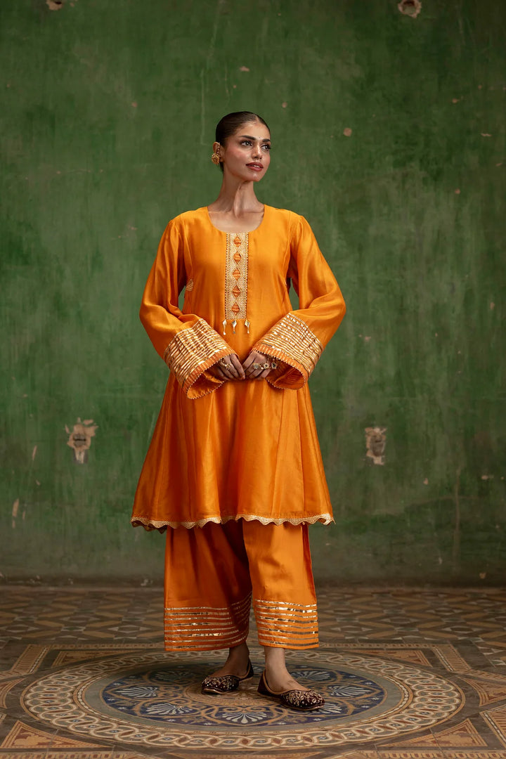 Nami Silk Chanderi Anarkali Set with Farsi Pants in Orange