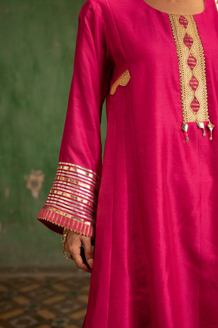 Nami Silk Chanderi Anarkali Set with Farsi Pants in Rani