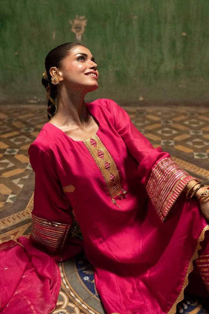 Nami Silk Chanderi Anarkali Set with Farsi Pants in Rani