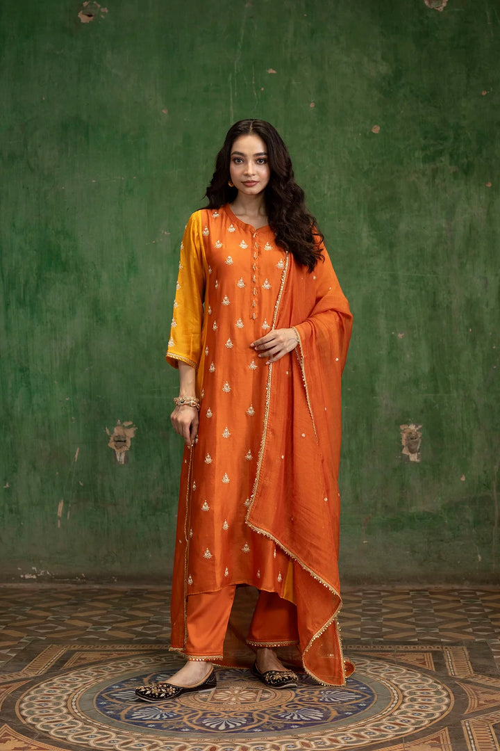 Guldaasta Silk Chanderi Aline Kurta Set in Gerua