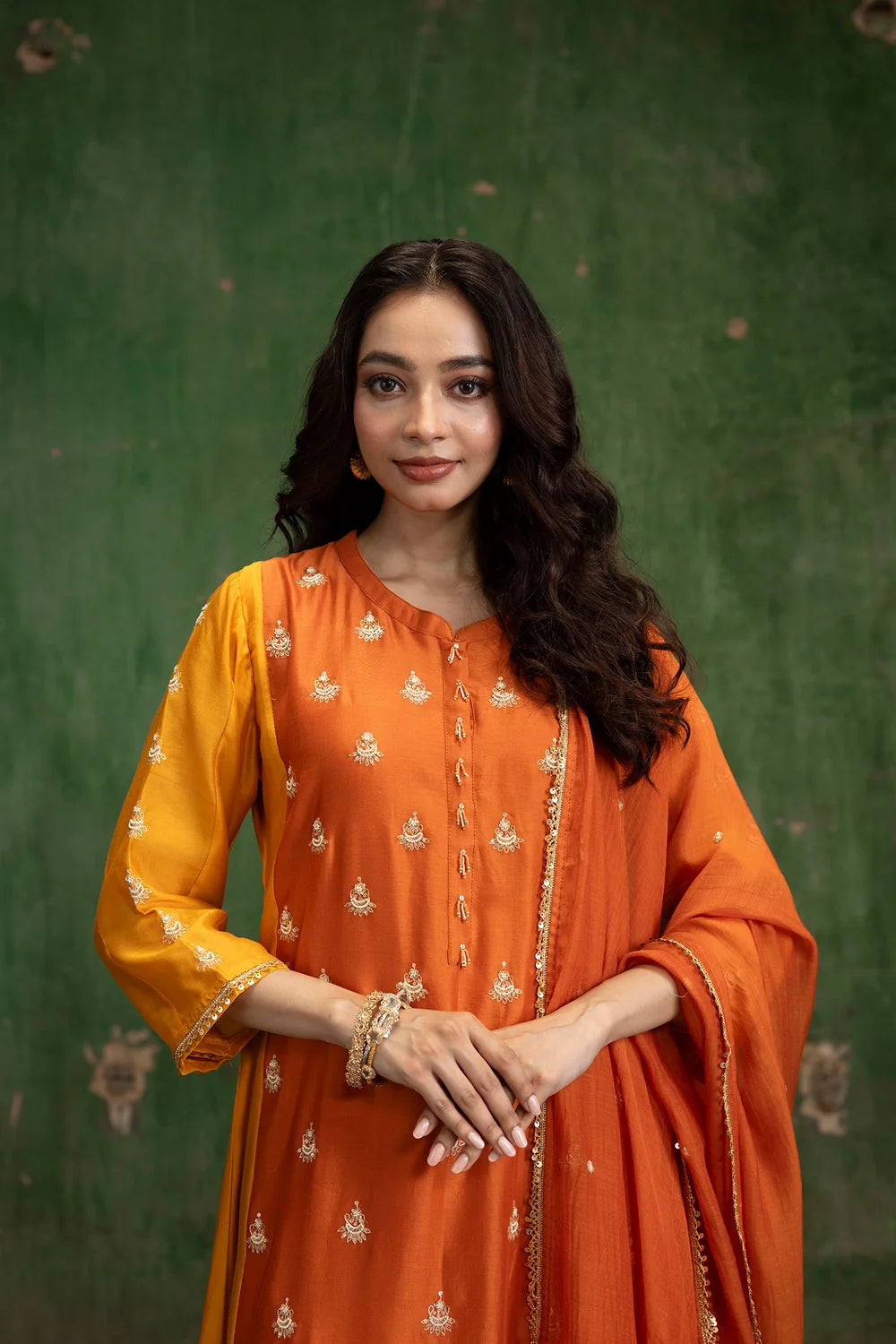 Guldaasta Silk Chanderi Aline Kurta Set in Gerua