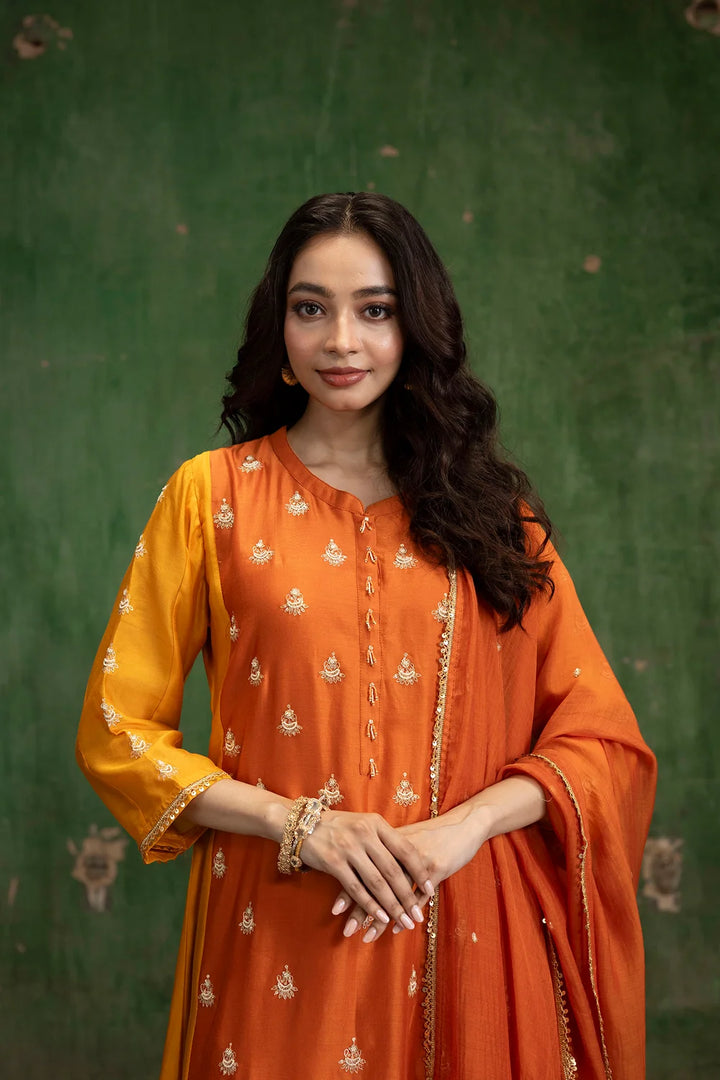 Guldaasta Silk Chanderi Aline Kurta Set in Gerua