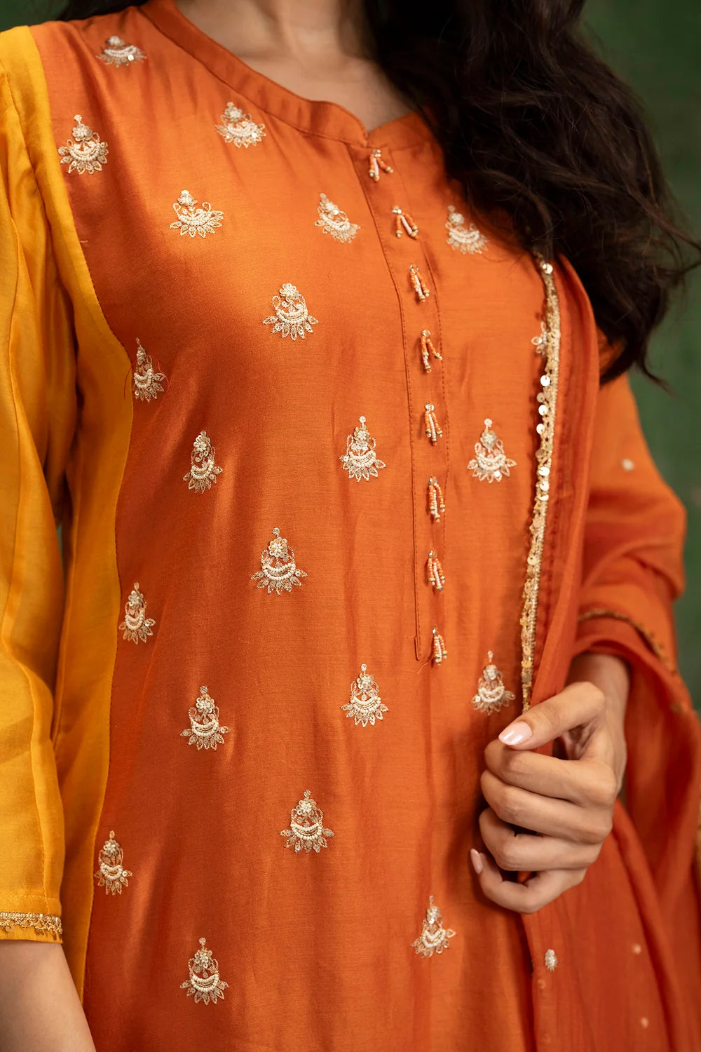 Guldaasta Silk Chanderi Aline Kurta Set in Gerua
