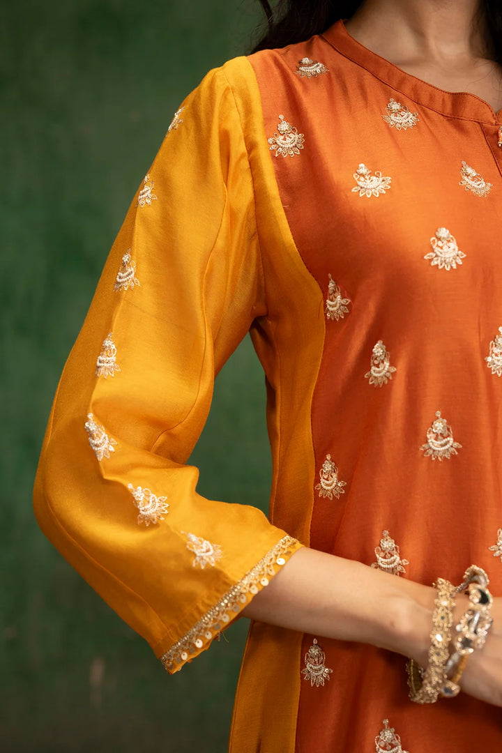 Guldaasta Silk Chanderi Aline Kurta Set in Gerua