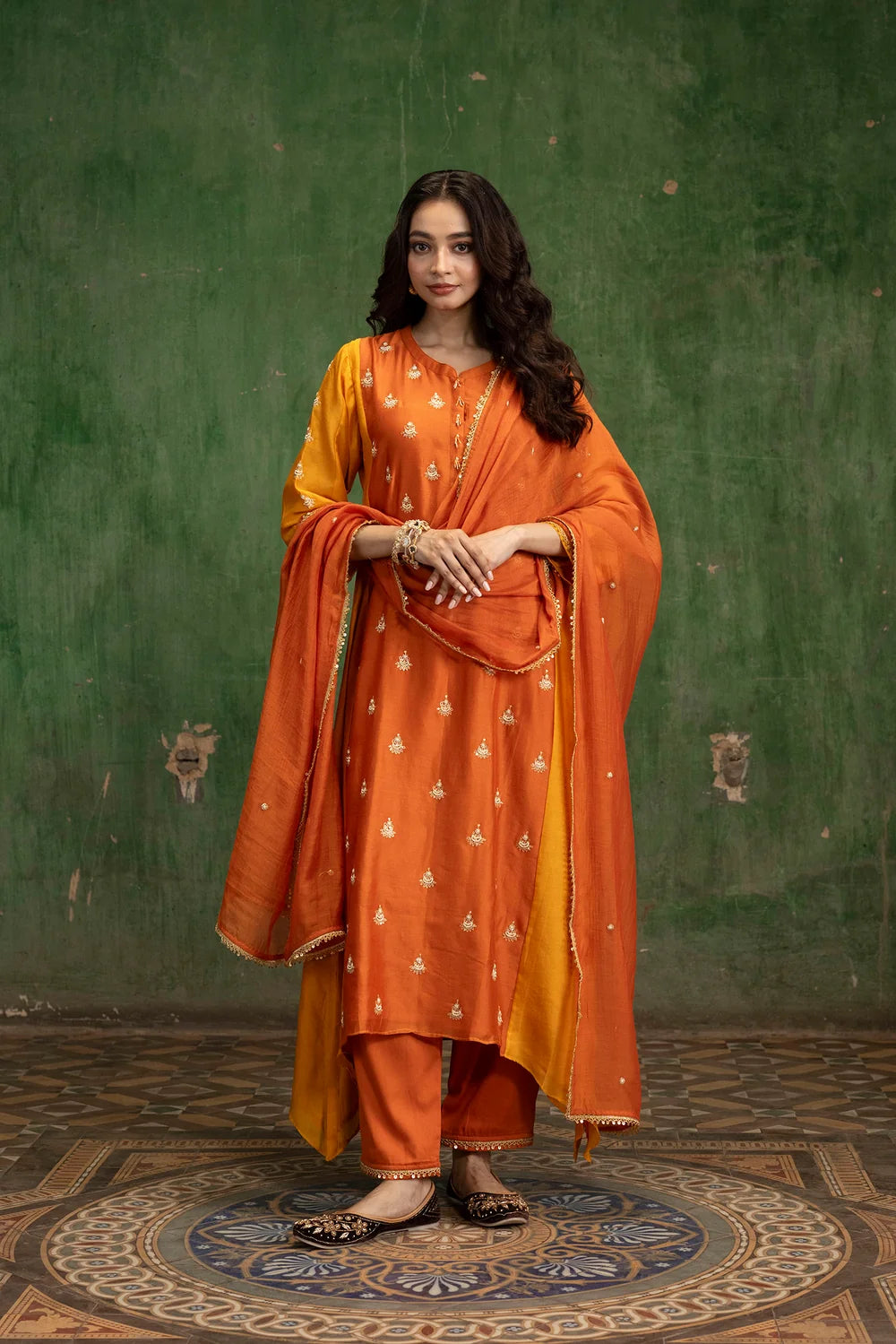Guldaasta Silk Chanderi Aline Kurta Set in Gerua
