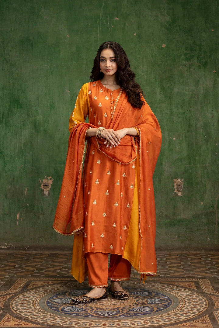 Guldaasta Silk Chanderi Aline Kurta Set in Gerua