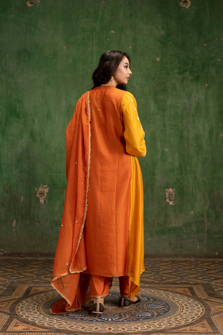 Guldaasta Silk Chanderi Aline Kurta Set in Gerua
