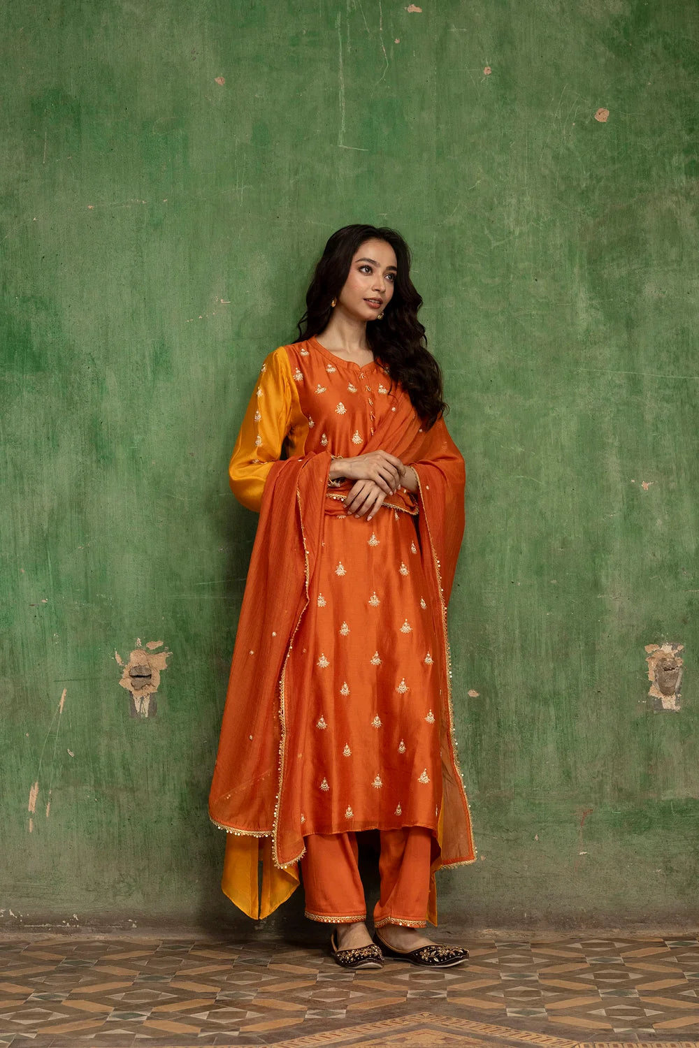 Guldaasta Silk Chanderi Aline Kurta Set in Gerua