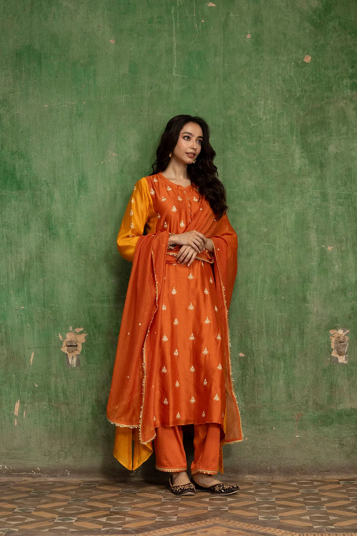 Guldaasta Silk Chanderi Aline Kurta Set in Gerua