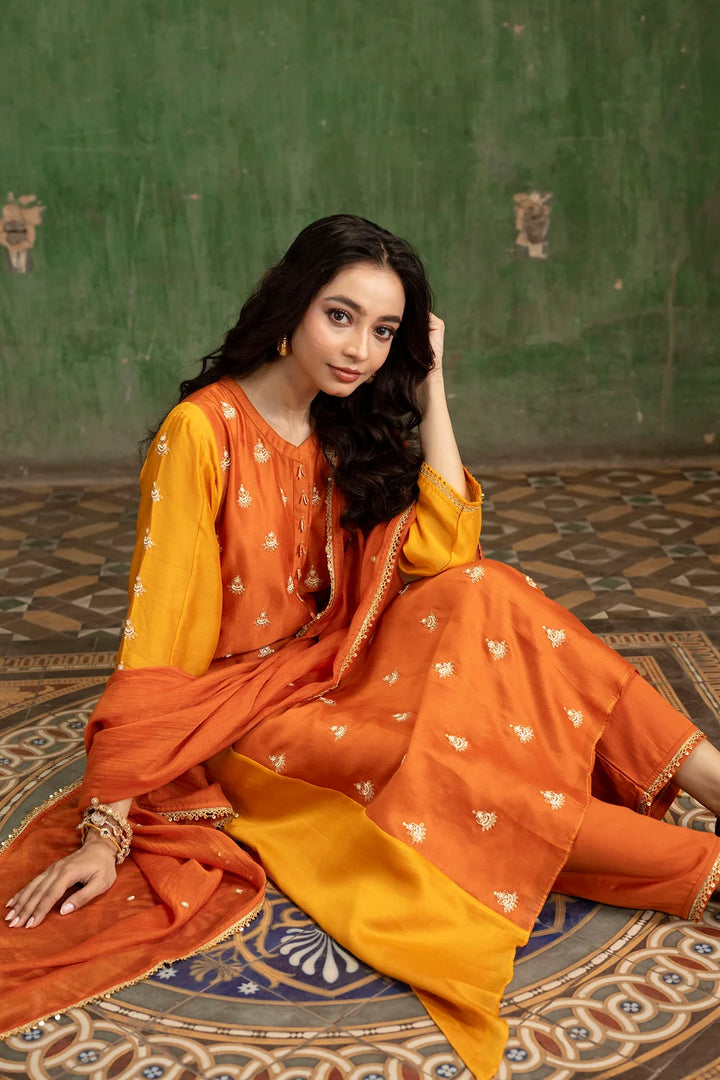 Guldaasta Silk Chanderi Aline Kurta Set in Gerua