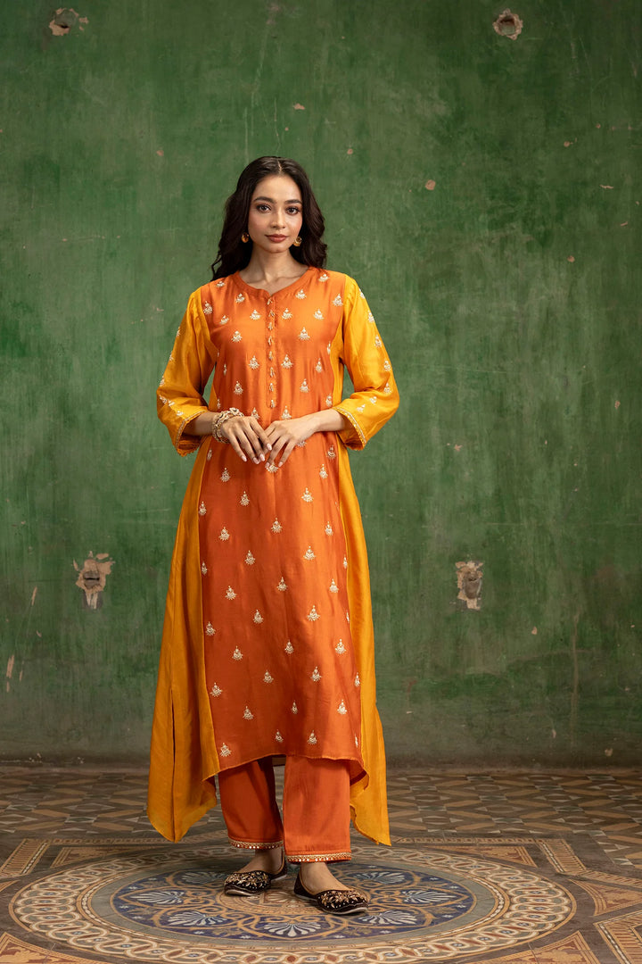 Guldaasta Silk Chanderi Aline Kurta Set in Gerua