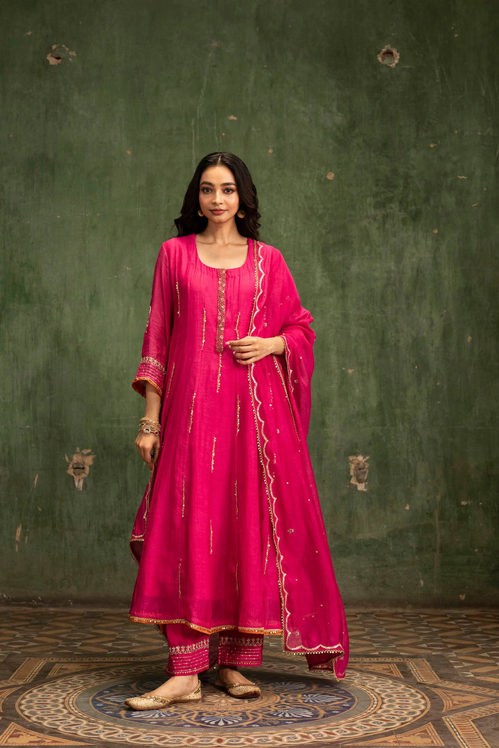 Itraati Mul Chanderi Anarkali Set in Rani