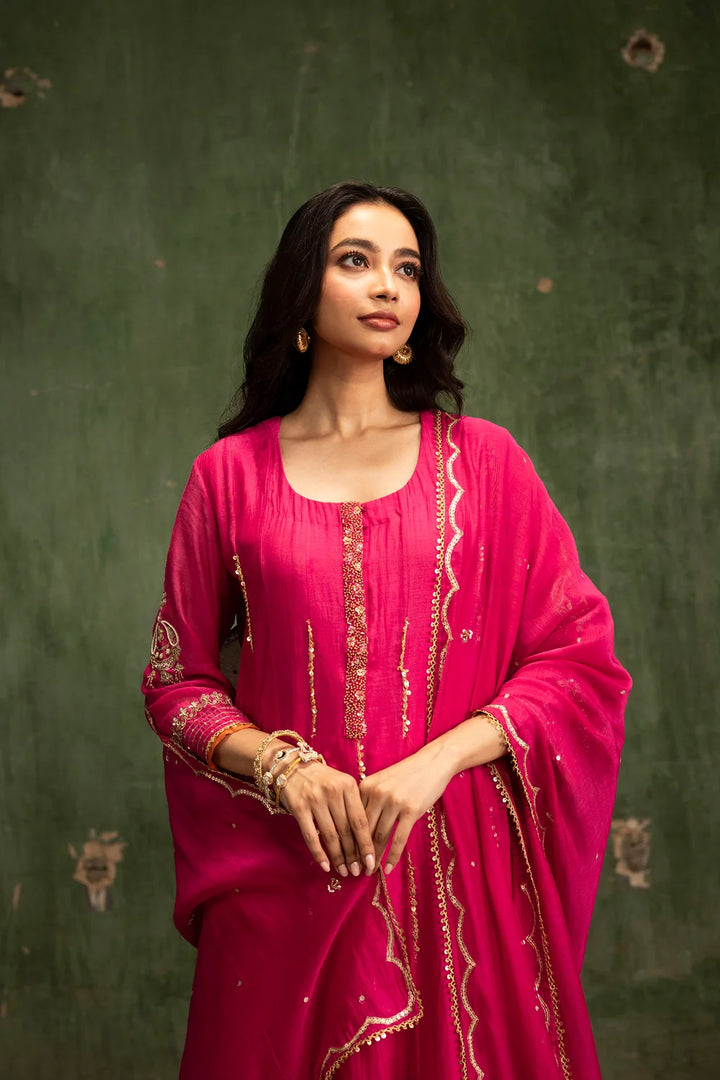 Itraati Mul Chanderi Anarkali Set in Rani