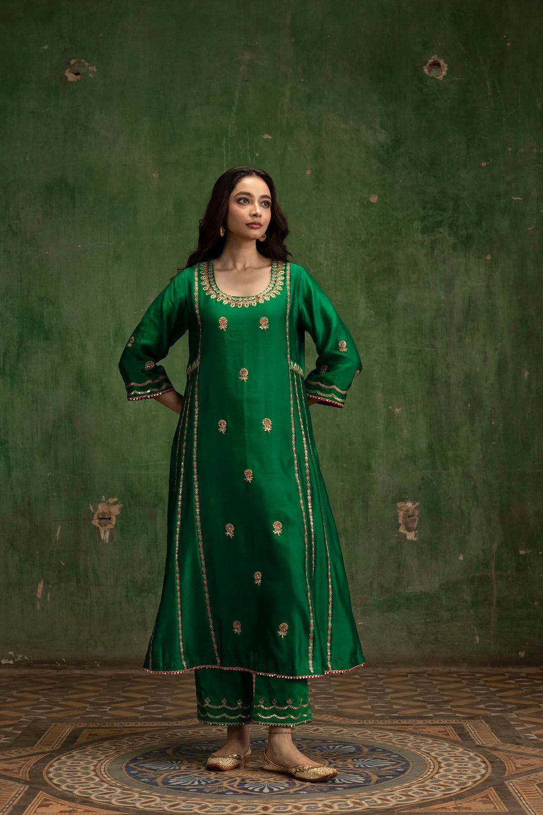 Aaliyah Silk Chanderi Aline Kurta Set in Bottle Green