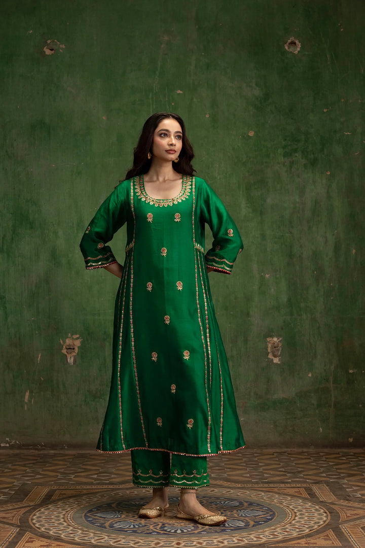 Aaliyah Silk Chanderi Aline Kurta Set in Bottle Green