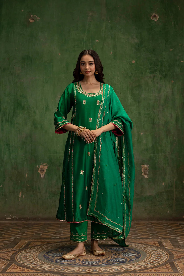 Aaliyah Silk Chanderi Aline Kurta Set in Bottle Green