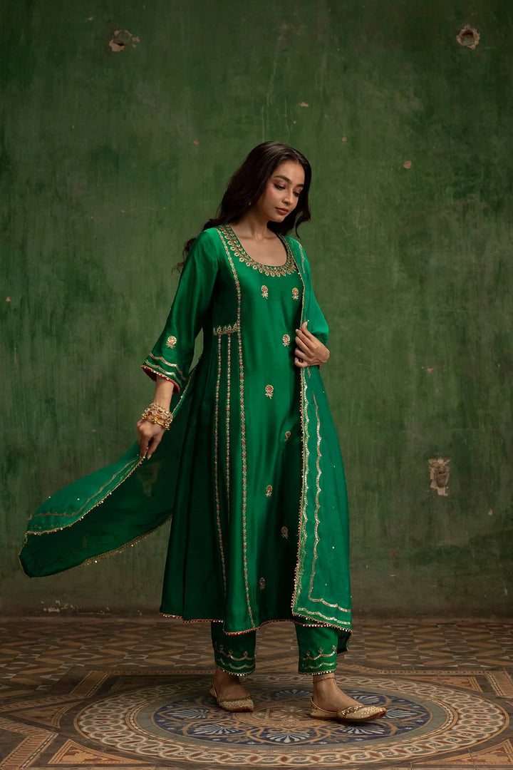 Aaliyah Silk Chanderi Aline Kurta Set in Bottle Green