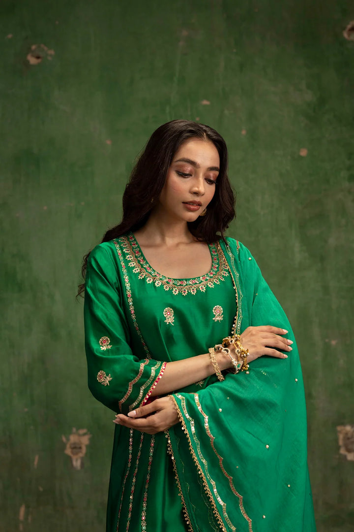 Aaliyah Silk Chanderi Aline Kurta Set in Bottle Green