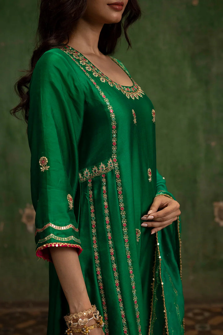Aaliyah Silk Chanderi Aline Kurta Set in Bottle Green