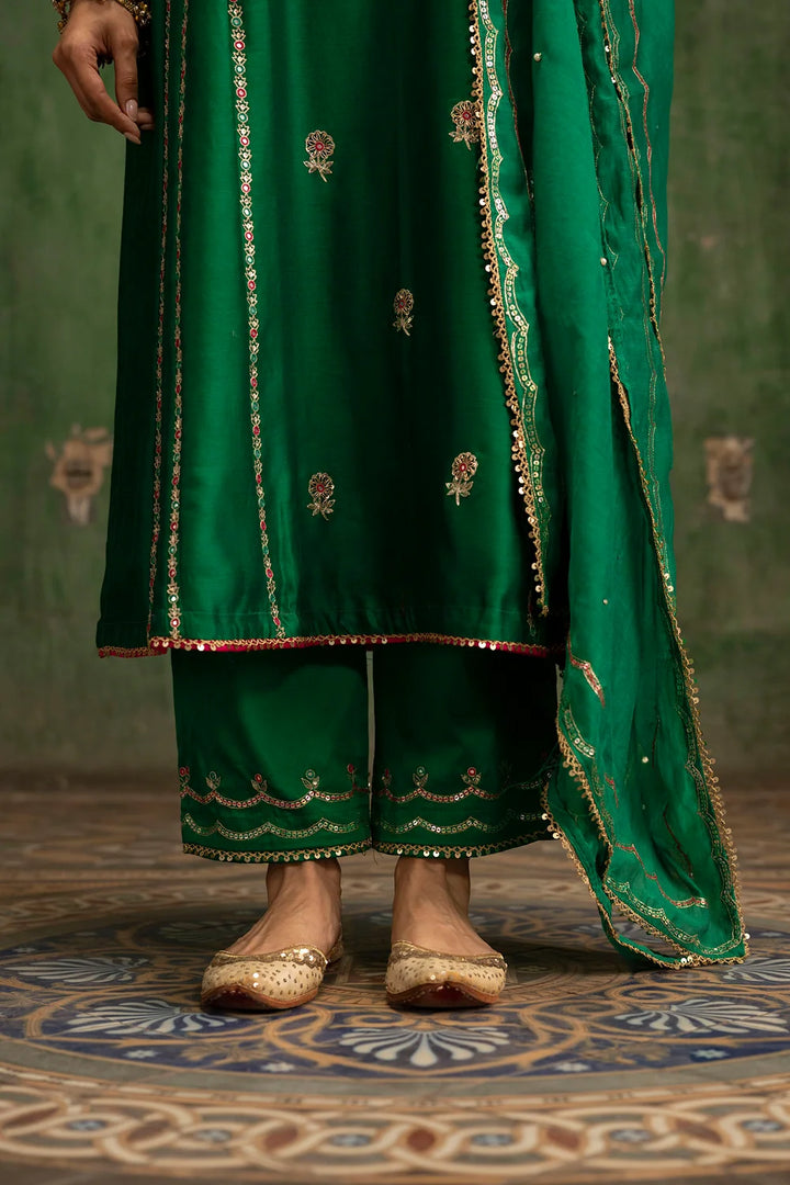 Aaliyah Silk Chanderi Aline Kurta Set in Bottle Green