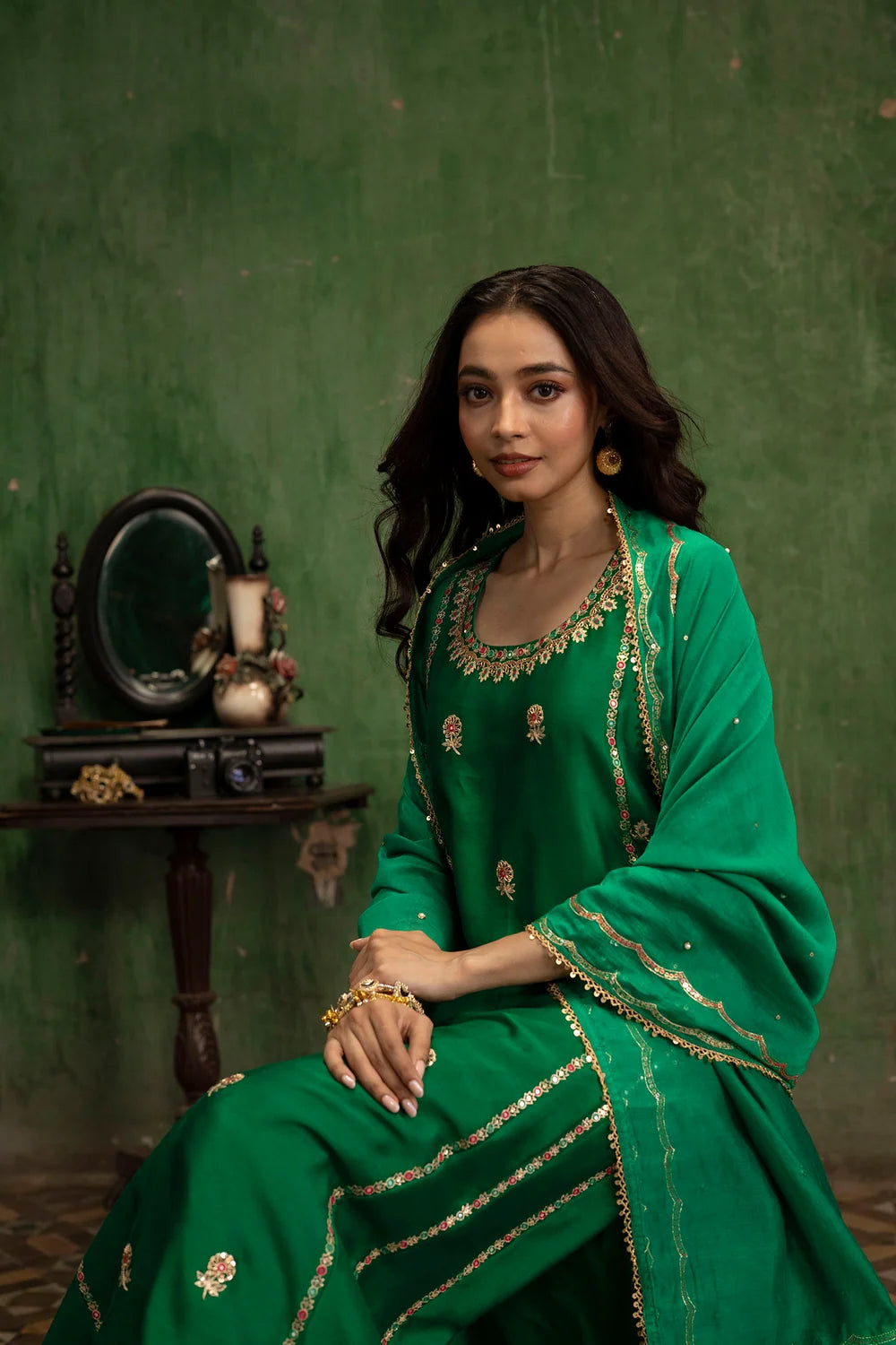 Aaliyah Silk Chanderi Aline Kurta Set in Bottle Green