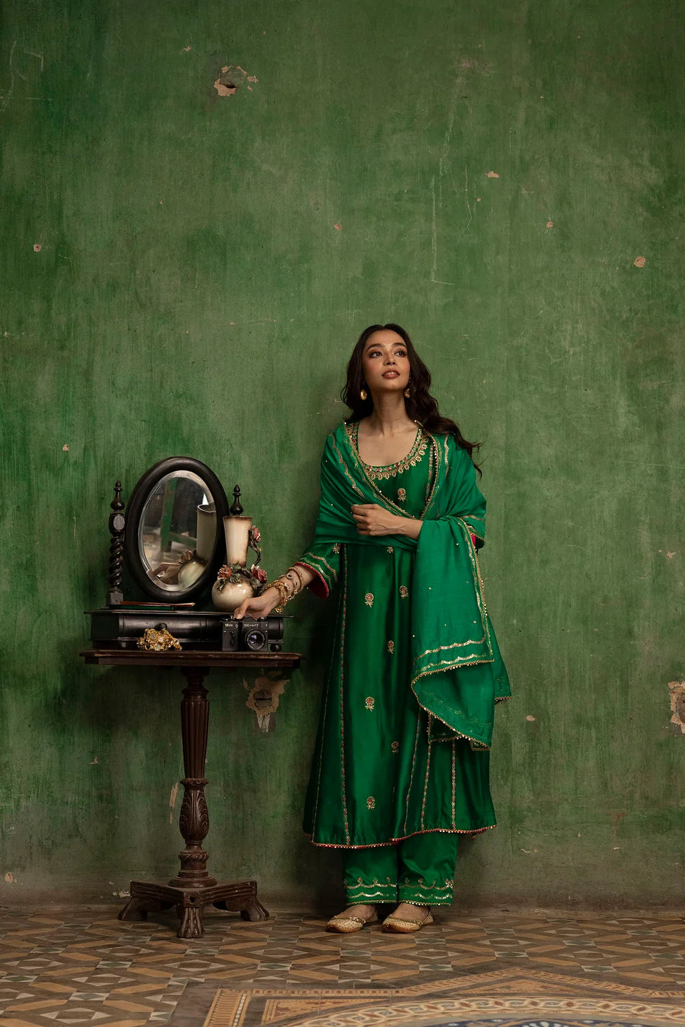 Aaliyah Silk Chanderi Aline Kurta Set in Bottle Green
