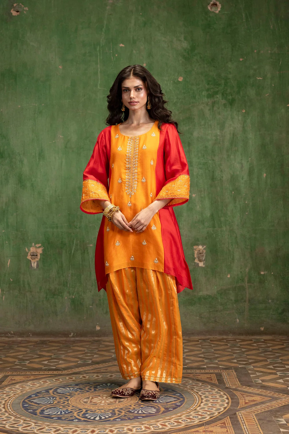 Guldaasta Silk Chanderi Co-ord Set in Mango