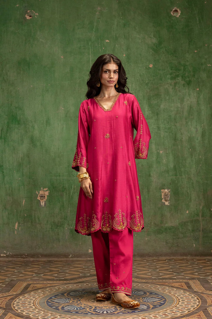 Piroi Silk Chanderi Anarkali Set in Rani